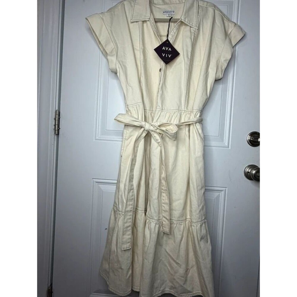 Ava & Viv Cream Denim Midi Shirt Dress Belted Plus Size 2x NWT